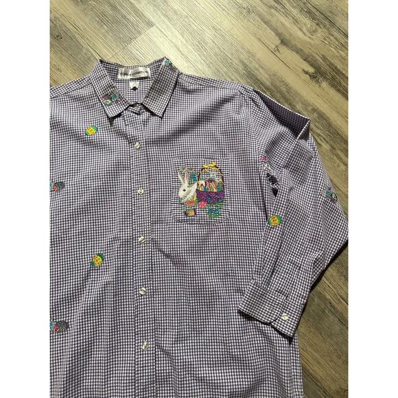 Vtg Casey Coleman Blouse Easter Embroidered Bunnies Purple Shirt Size M/L READ - Picture 2 of 8